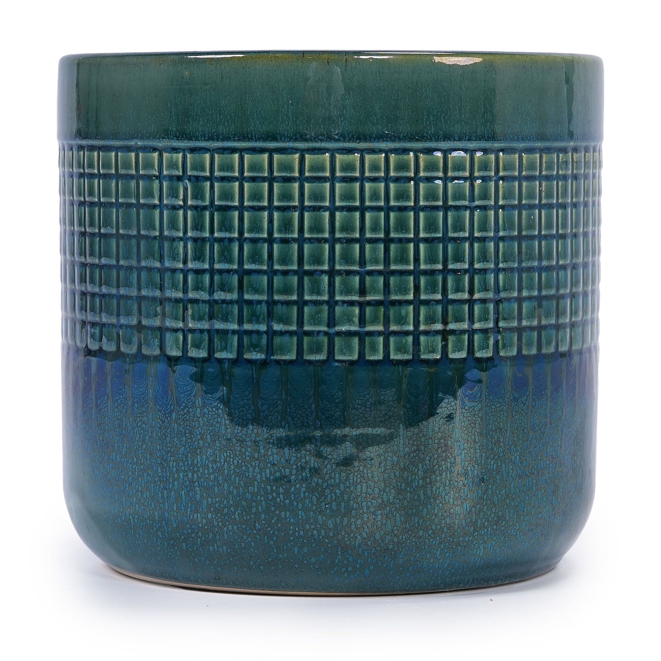Noble House Helen Grid Ceramic Planter Set, Glossy Modern Indoor Outdoor Pots with Drainage, Set of 3, Blue + Green