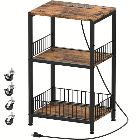 3-Tier End Table With Charging Station Brown Nightstand Bedside Table With Storage Shelves And Wheels For Small Places Living Room Bedroom Office