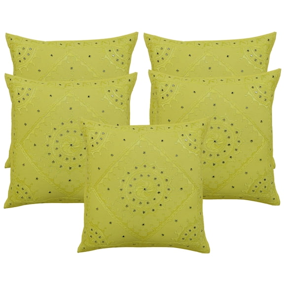 Stylo Culture Indian Couch Throw Pillow Covers 24 x 24 Big Hand Embroidered Lemon Yellow Bohemian 60 x 60 cm Home Decor Cotton Mirrored Square Cushion Covers | Set Of 5