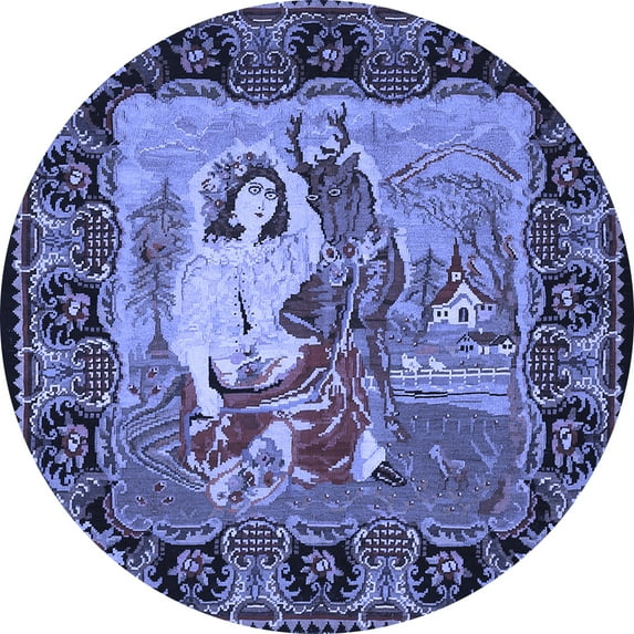 Ahgly Company Machine Washable Indoor Round Medallion Blue French Area Rugs, 6' Round