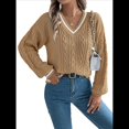 thumbnail image 3 of Suéter Informal de Larga con Cuello en V para Mujer, Jersey de Rayas Moderno de Punto , Suéteres Preppy. Caqui L, 3 of 10