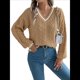 thumbnail image 3 of Suéter Informal de Larga con Cuello en V para Mujer, Jersey de Rayas Moderno de Punto , Suéteres Preppy. Caqui L, 3 of 10