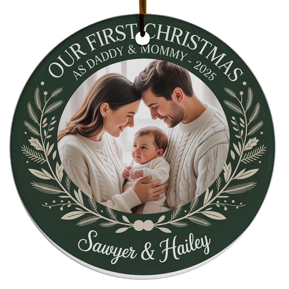 Customized Family of 3 Christmas Ornament 2025, Our First Xmas as Daddy & Mommy Keepsake, Baby 1st Christmas Ornament Gift, Custom Name Text Photo Picture Decoration for Parents