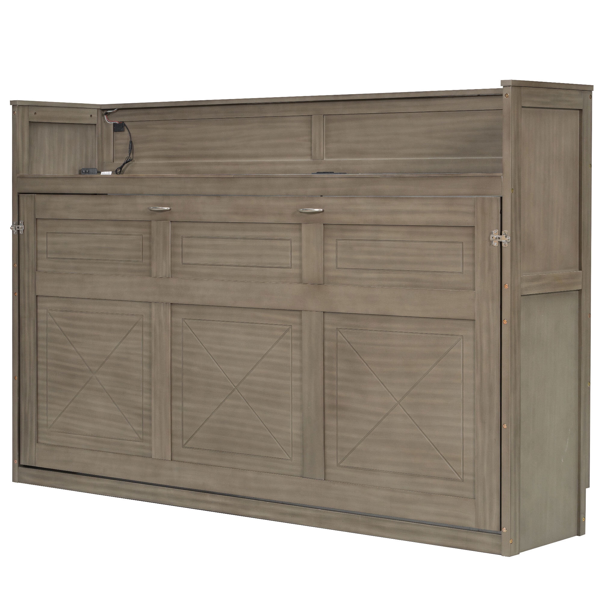 Euroco Wood Twin XL Murphy Bed with Desk and LED Light, Storage Wall Bed with USB Charging Station