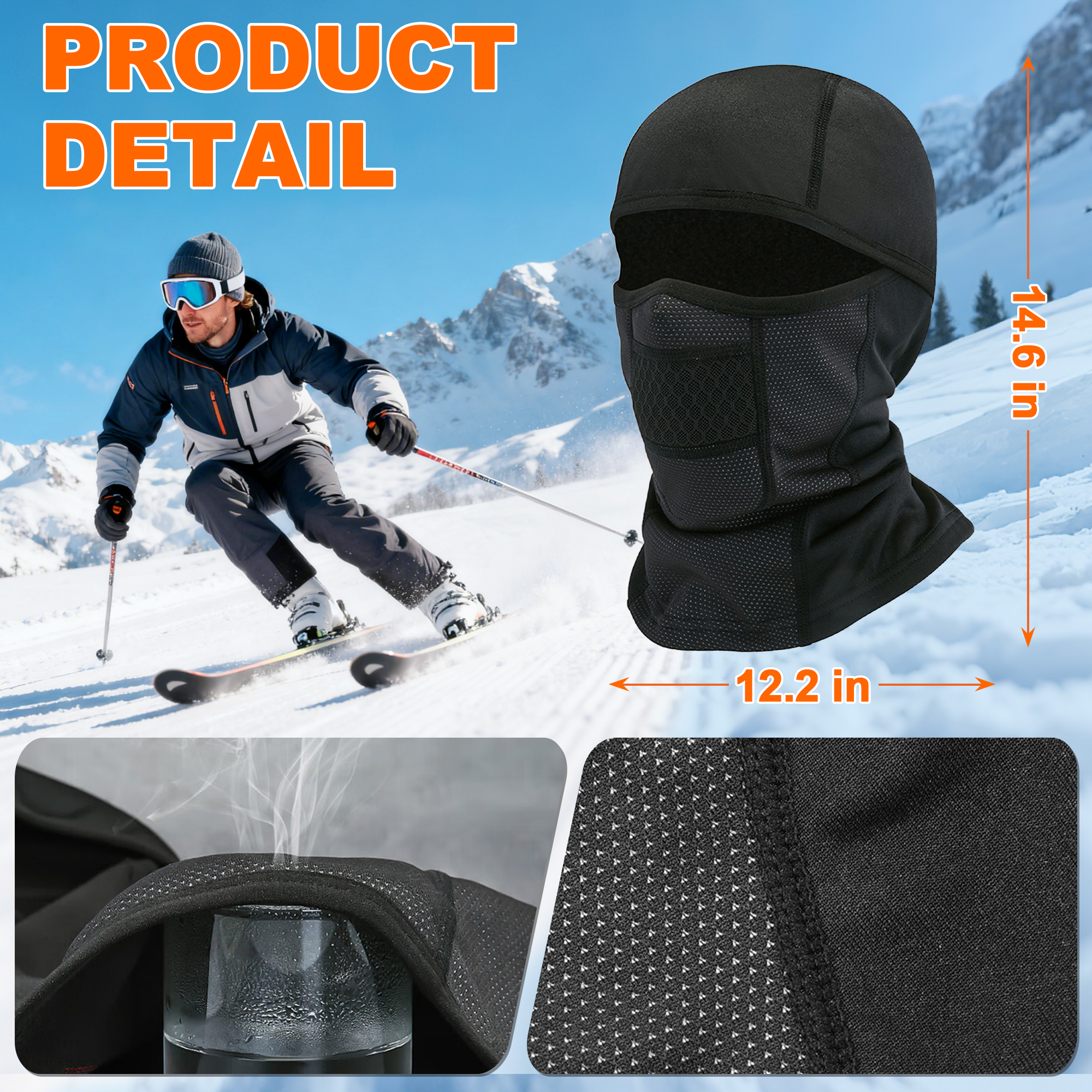 Balaclava Ski Mask Full Face Cover Wind&Water Proof Headwear for Men Women Black