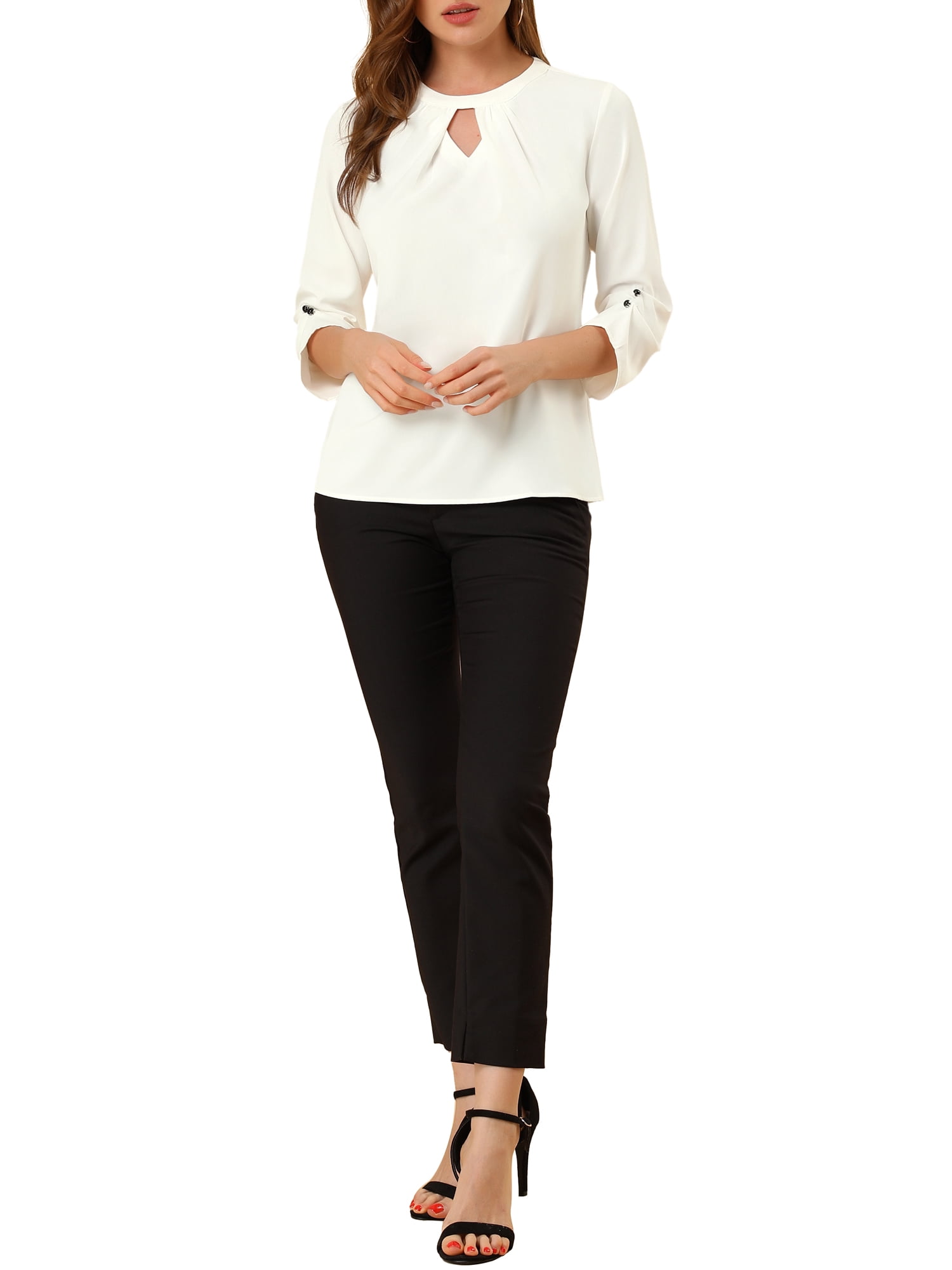 DARING DIVA Round Neck Keyhole Pleated Shirred Work Top XL White