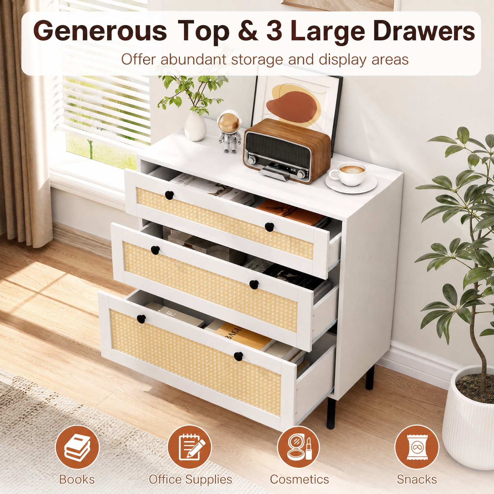 Furnibear 3-Drawer Rattan Nightstand Boho Chest of Drawers for Bedroom for Bedroom Closet Living Room Nursery Clothes Storage, White