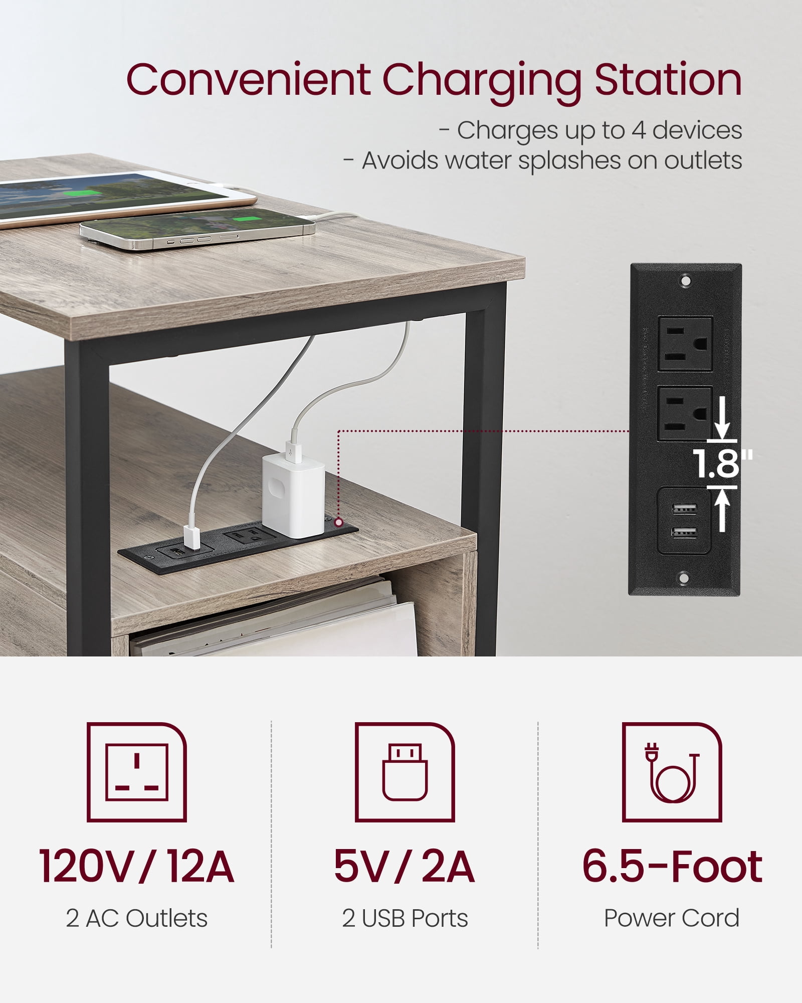 Side Table with Charging Station, Narrow End Table with 2 Drawers, Slim Nightstand and Bedside Table with Storage Greige and Black