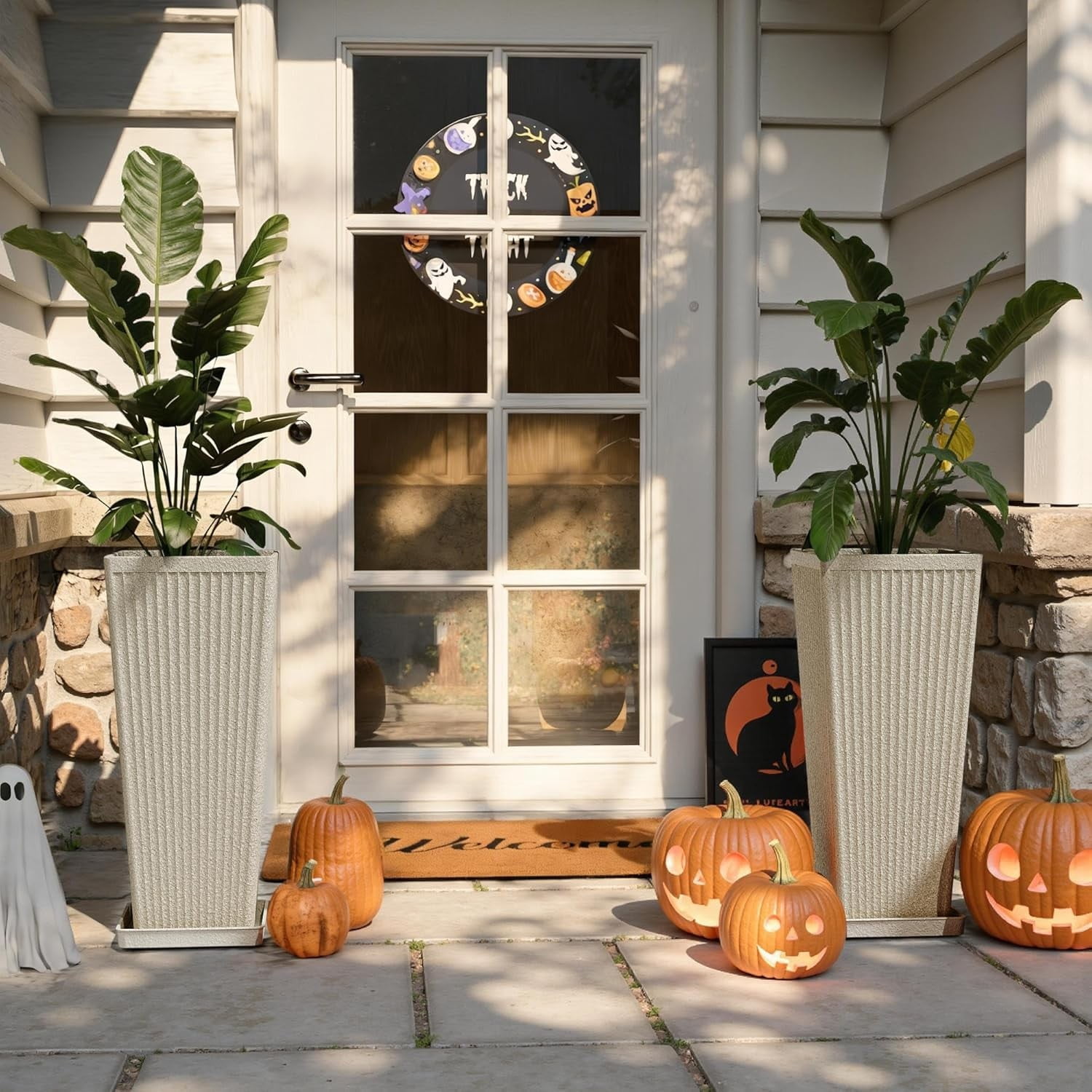 TOPCOMFY Tall Planters for Outdoor Plants Set of 2, 23.6" Modern Tapered Indoor Flower Pots with Drainage Holes/Partition/Tray for Porch Patio Garden, Beige