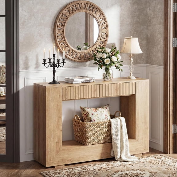 47" Fluted Console Table with Drawer and Open Storage Shelf, Farmhouse Entryway Sofa Table for Living Room, Hallway and Foyer, Walnut