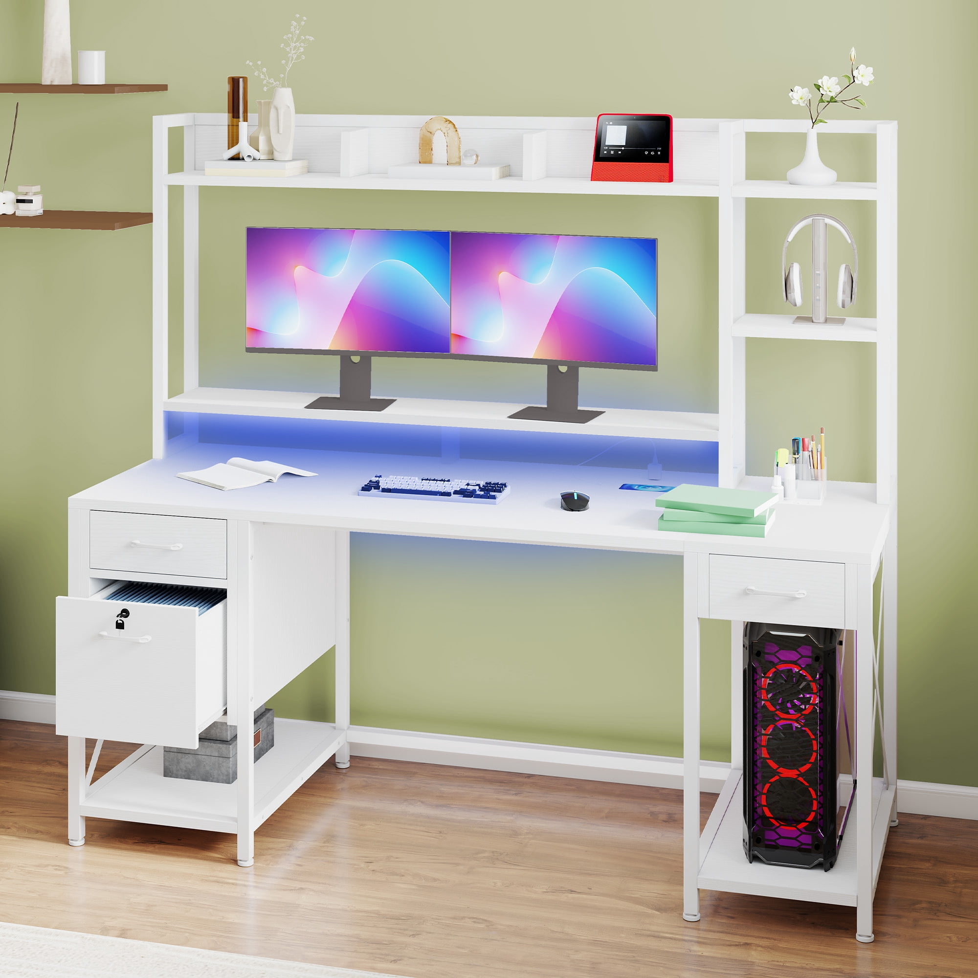 Uforic 59.1 Inch Rustic Brown Computer Desk with Hutch & Drawers with RGB LED Light Strip Multi-Shelf Storage with Sturdy Metal Frame, White