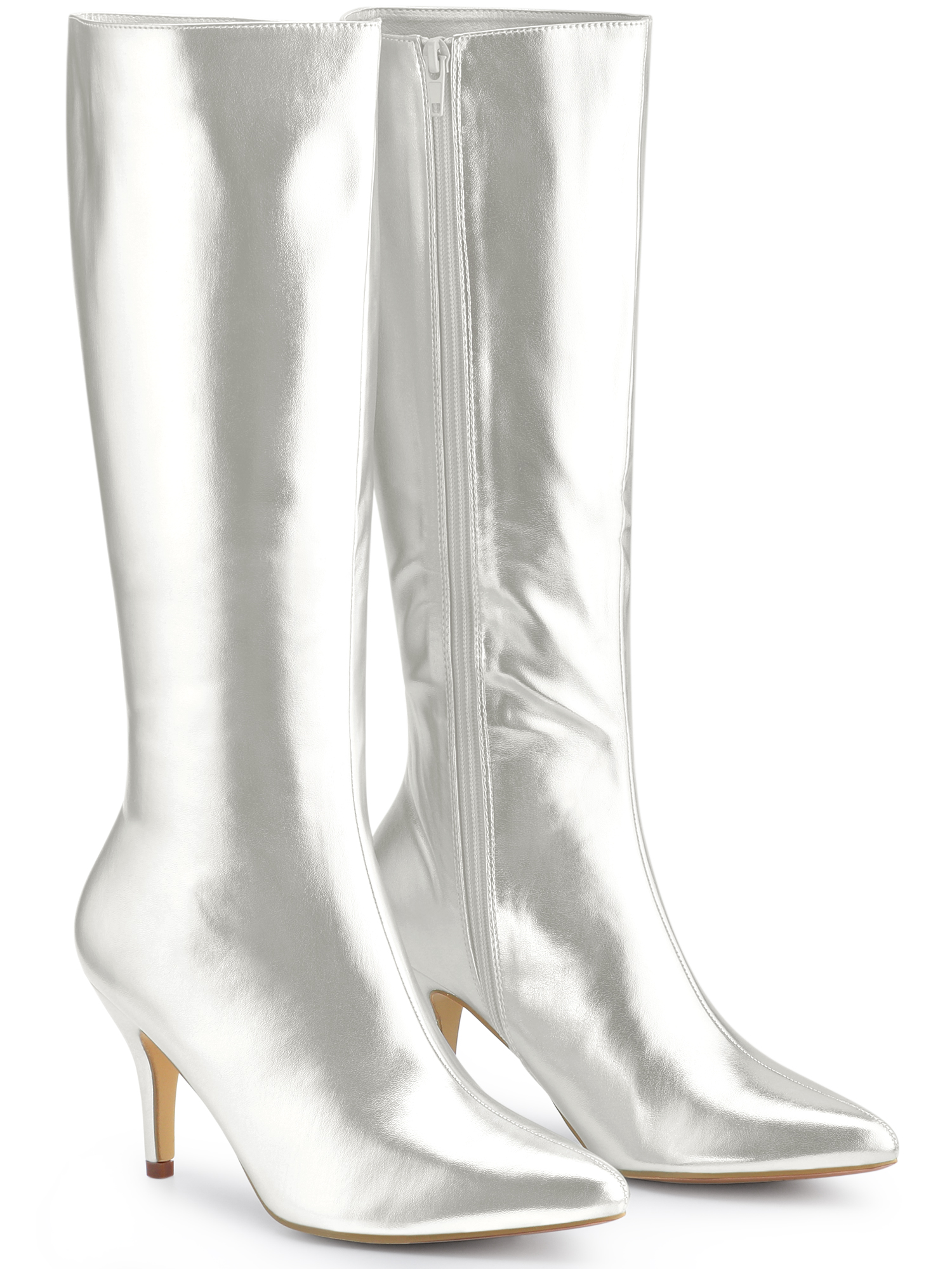 DARING DIVA Women's Pointed Toe Stiletto Heels Shiny Knee-high Boots Silver 9