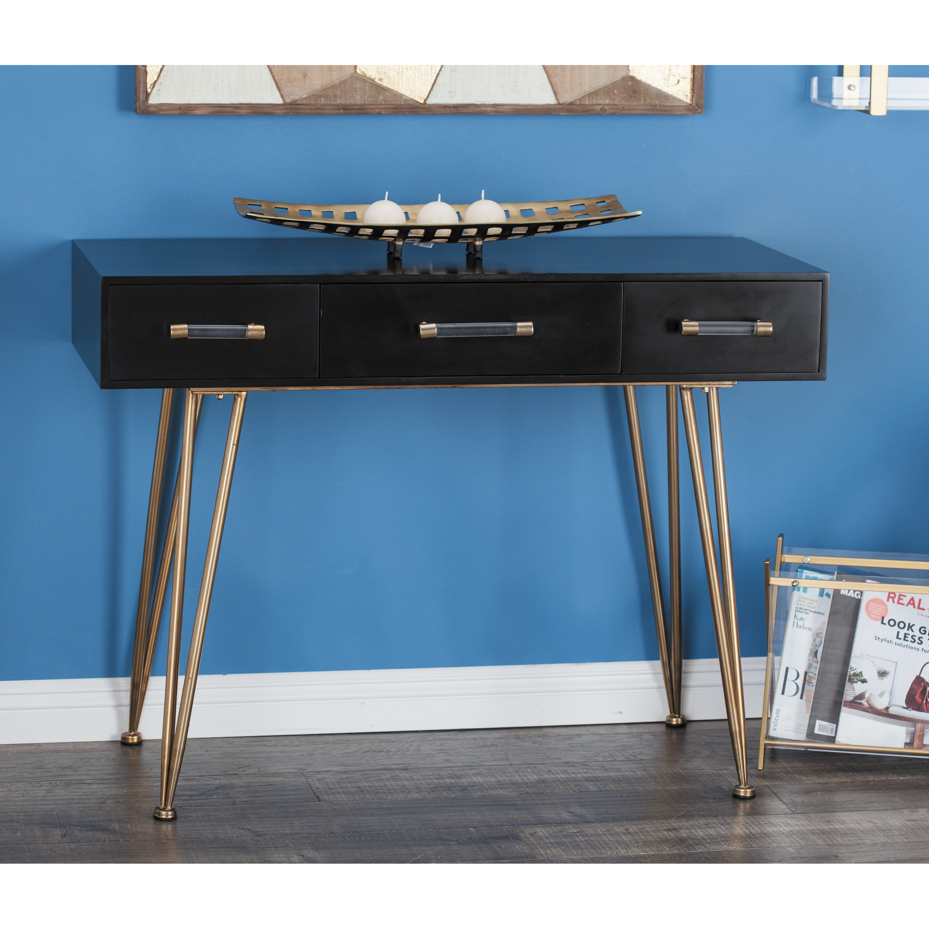 DecMode Wood Modern Console Table, Black Gold, 42"W