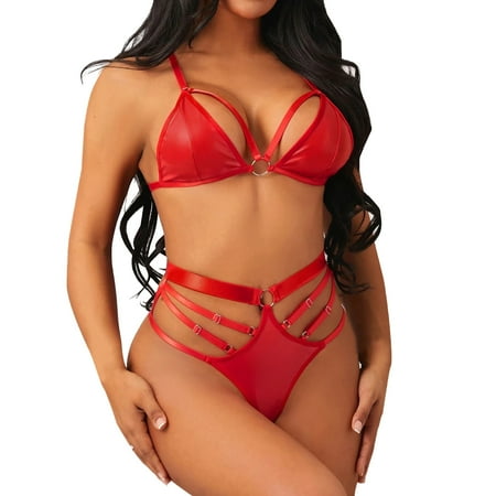 

Hfyihgf Women s Sexy Exotic Strappy Lingerie Sets 2 Piece O-Ring Chain Leather Bralette Bra and Panty Underwear Negligee Babydoll Bodysuit Clubwear(Red S)
