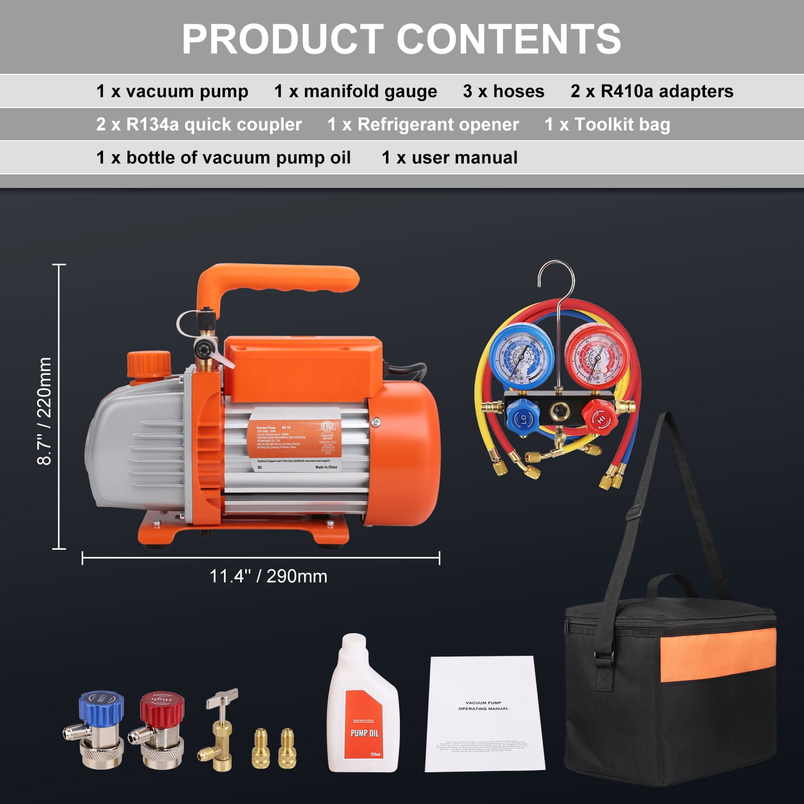 KFFKFF 1/5 HP 3.5 CFM Single Stage Rotary Vane Air Vacuum Pump and Gauge Kit, HVAC A/C Refrigerant Tool with Manifold Gauge and Tri-Color Hose, Carry Bag Included, Suitable for R134a, R410a