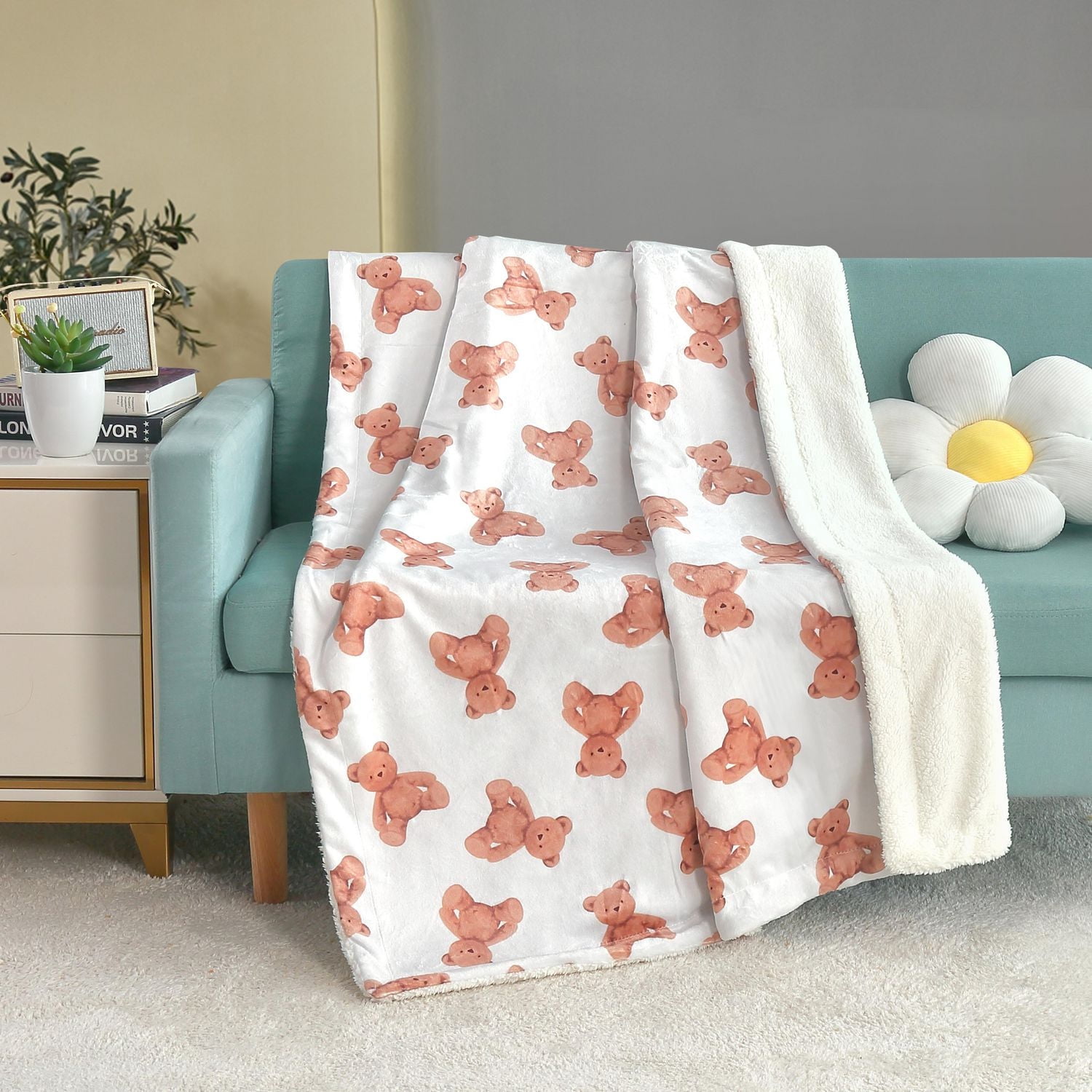 Couverture réversible en flanelle polaire douce et chaude pour enfants, motif ours en peluche marron, 101 x 127 cm