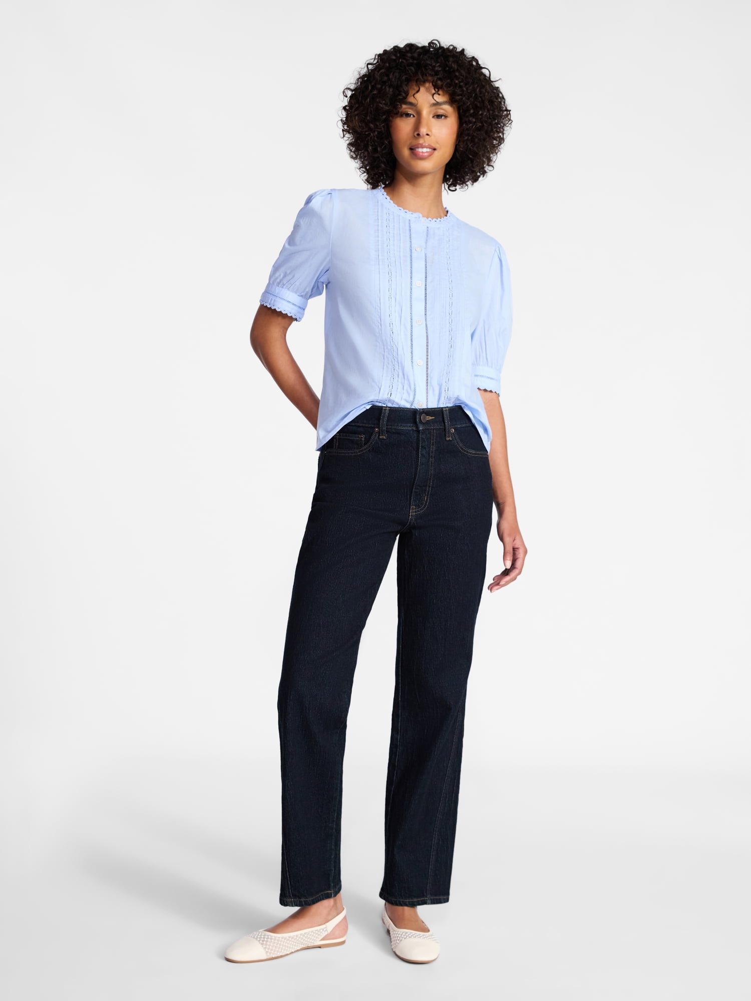 Time and Tru Women's and Women's Plus Cotton Lace Inset Blouse with Elbow Length Sleeves, Sizes XS-4X