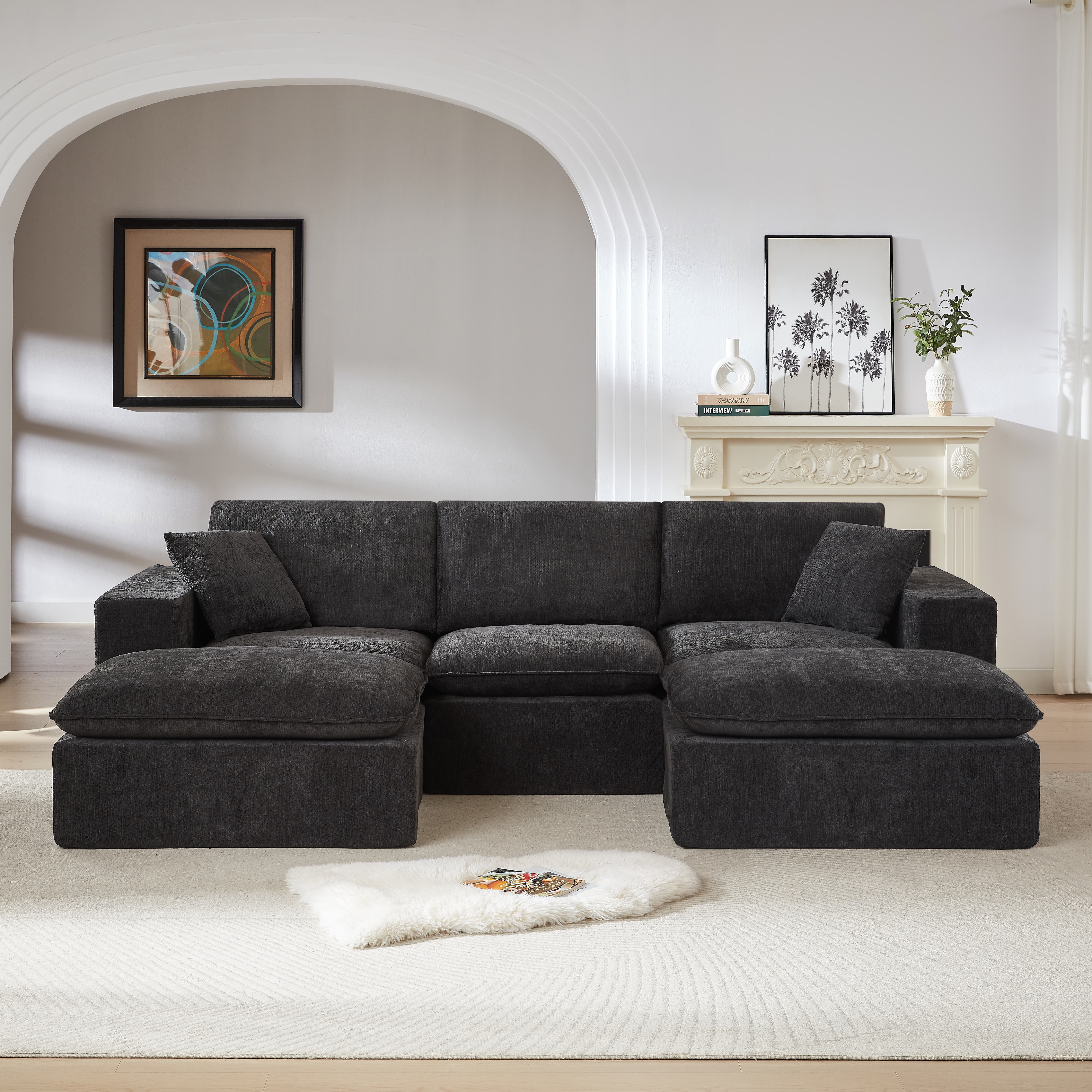 MAYEERTY Modern Modular Chenille Sofa, Black Cloud-Soft Sectional Couch for Living Room