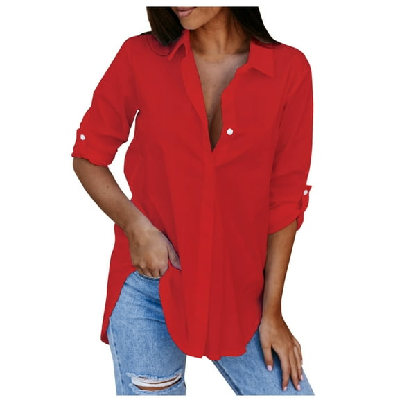 TSADFHJI Turtle Neck Tops for Women Dark Brown Autumn Leisure Long Sleeve V-Neck Button Women's Shirt Xxl Red