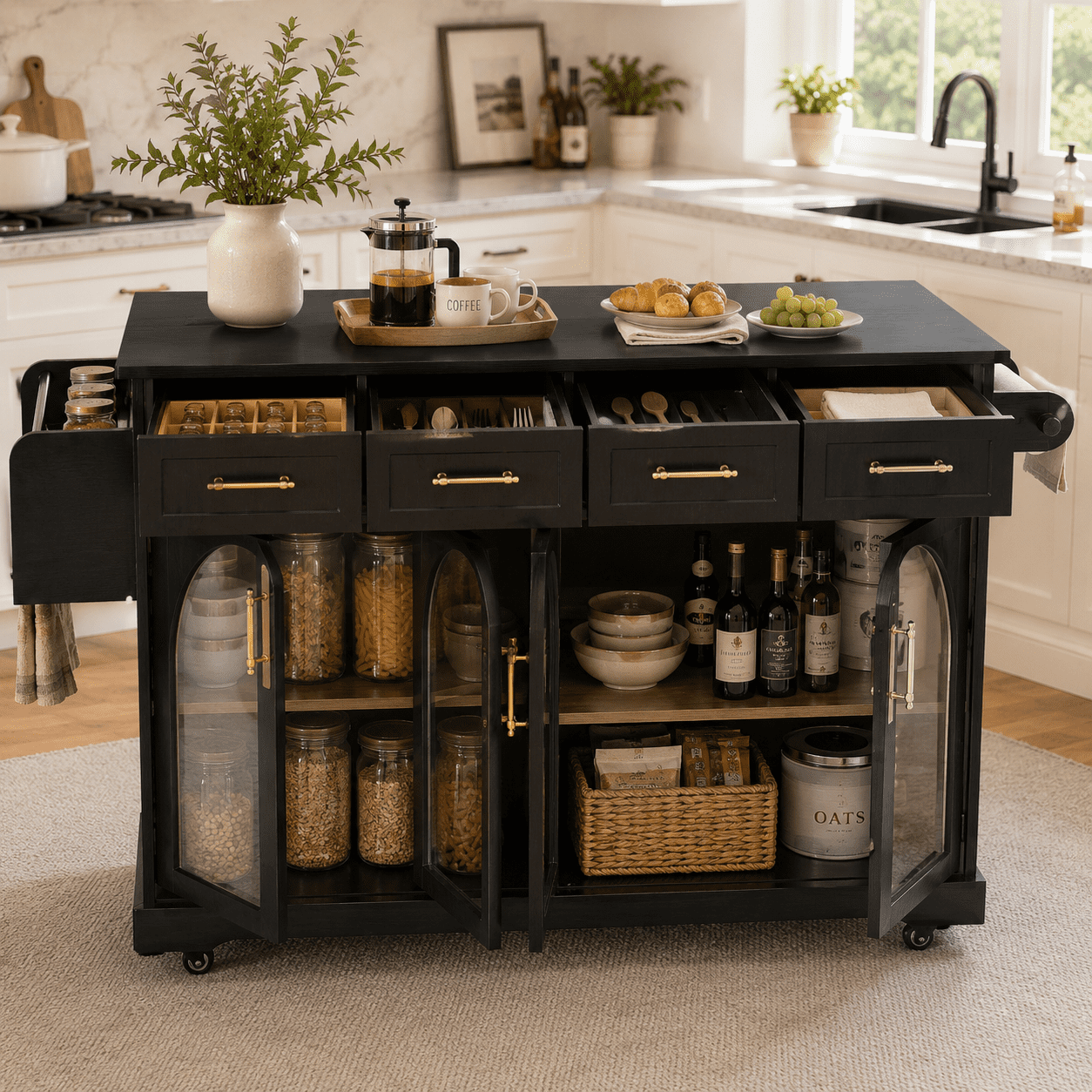Homy Casa 65.2" Kitchen Island with Storage, Drop Leaf, Power Outlet and Arched Glass Doors, Black