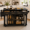 thumbnail image 5 of Homy Casa 65.2" Kitchen Island with Storage, Drop Leaf, Power Outlet and Arched Glass Doors, Black, 5 of 11