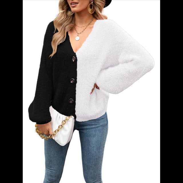 Cárdigan de Cuello en V para Mujer, Suéter de Otoño, Suéter Corto Suave de Acrílico de Larga para Invierno y Negro XL