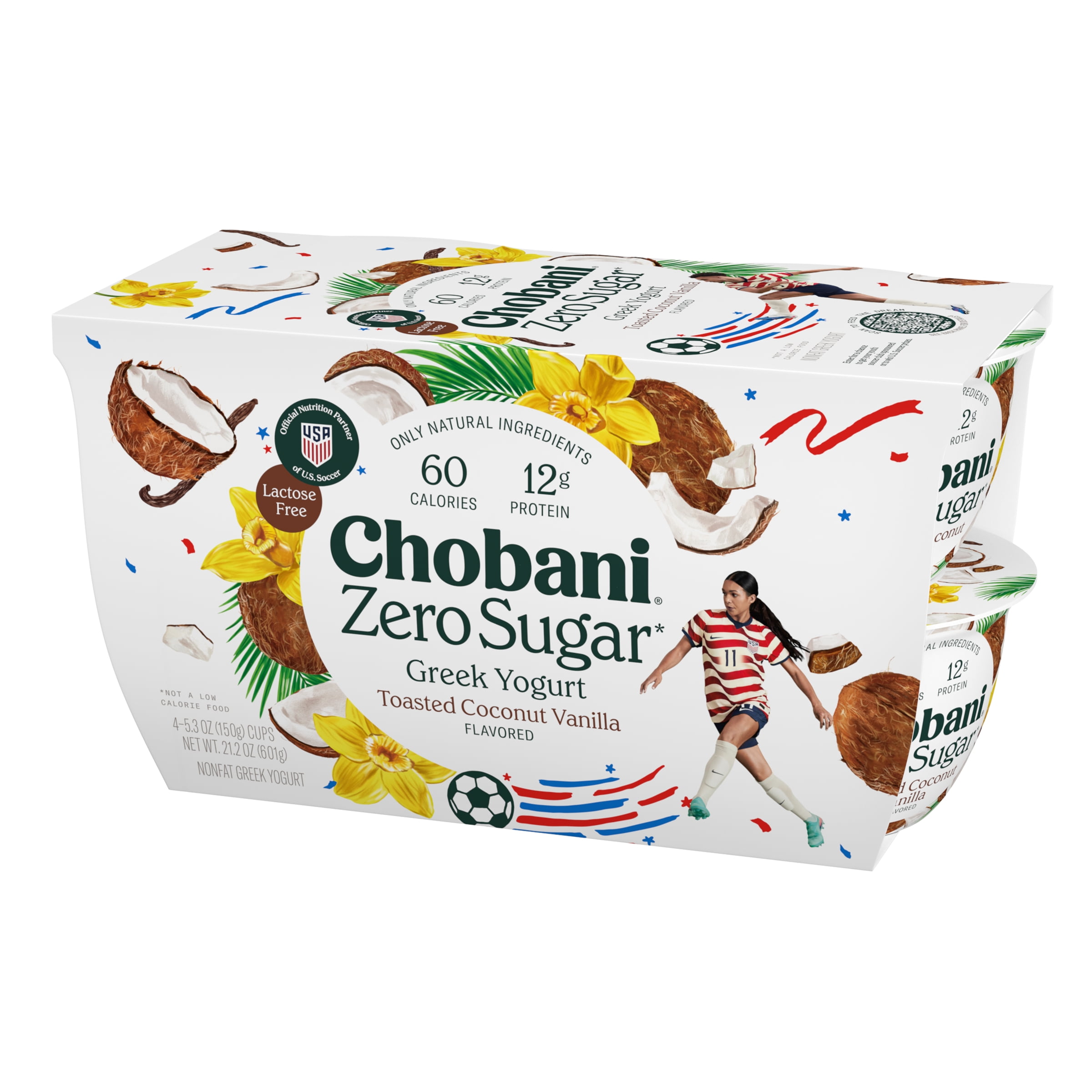 Chobani Zero Sugar Non-Fat Greek Yogurt Toasted Coconut Vanilla 5.3 oz Cup, 4 Pack