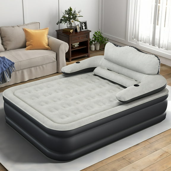 Queen Size Outdoor Inflatable Mattress with Headboard, Pillow & Pump, Folding Air Bed with Backrest, Non-Slip, Lightweight w/ Carry Bag for Home & Camping