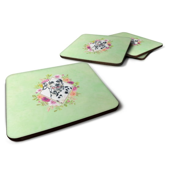 Carolines Treasures CK4297FC Dalmatian Green Flowers Foam Coaster Set of 4 3 1/2 x 3 1/2 multicolor
