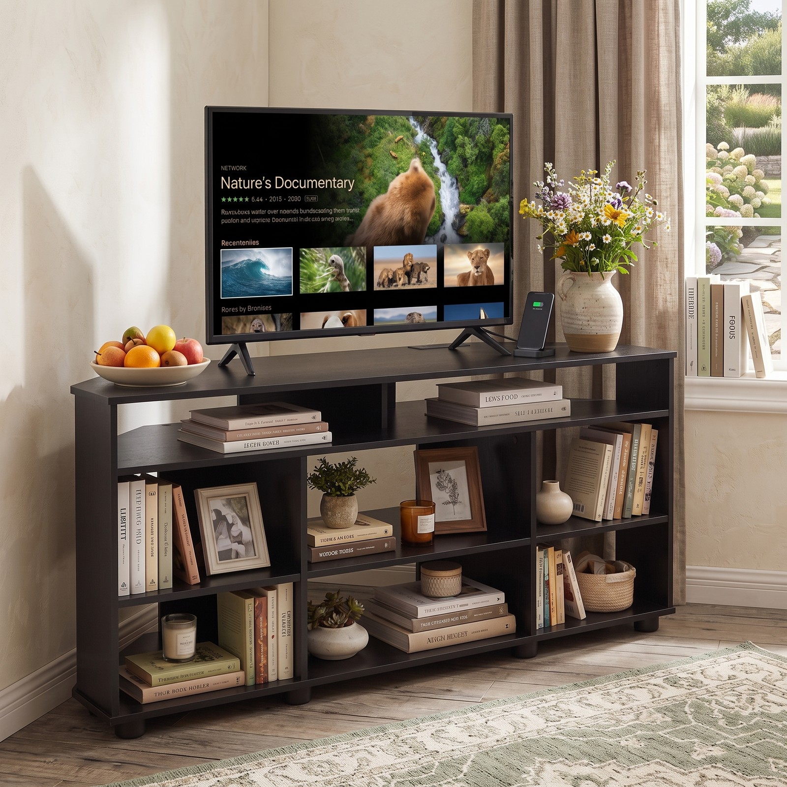 Furnibear Corner TV Stand for TVs up to 55 Inch, Entertainment Center with Charging Station, 3 Adjustable Shelves, Wood Media Console Side Cabinet for Living, Black