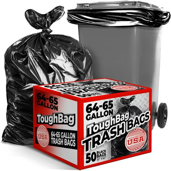 ToughBag 64-65 Gallon Trash Bags, 50 x 60” Large Black Garbage Bags (50 Count) - Made In USA