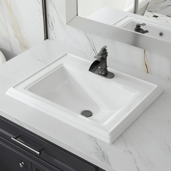 23"L x 18"W Drop In Bathroom Sink with Single Faucet Hole & Front Overflow in Glossy White Ceramic Rectangular Design for Bathroom/Vanity