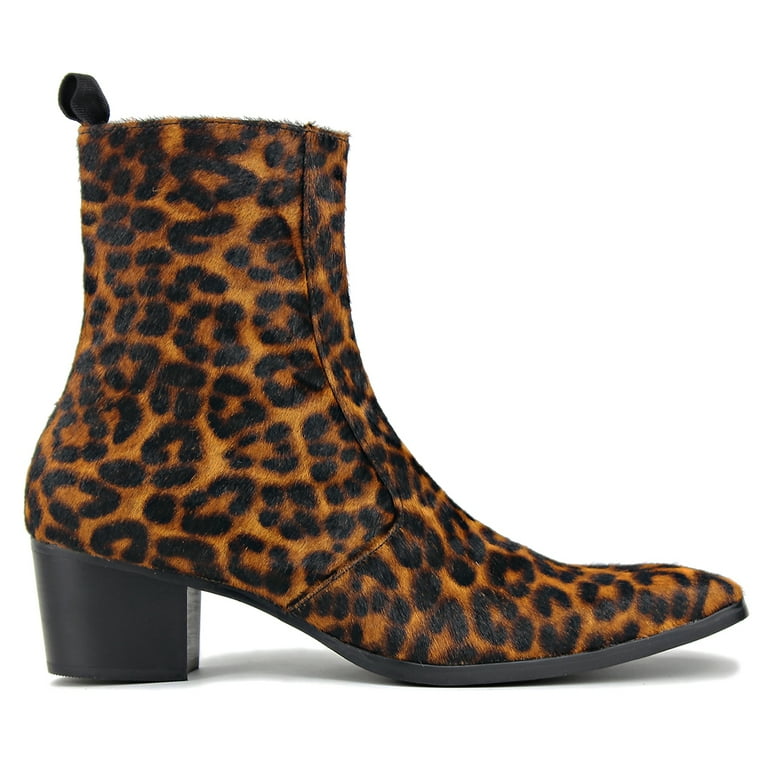 OSSTONE Dress Boots Chelsea Pony Hair Leopard Boots for Men Zipper - Main Image