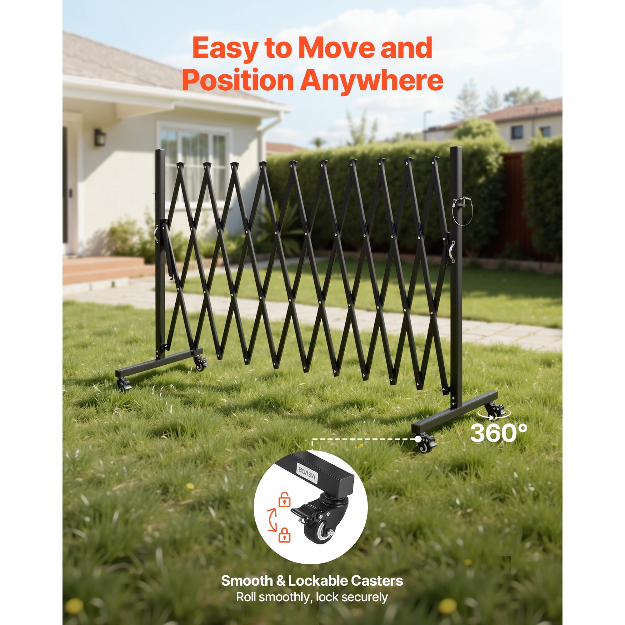 KFFKFF Expandable Barricade, 11FT Adjustable Safety Barrier, Mobile Folding Gate with Lockable Wheels, Portable Metal Traffic Fence for Patio, Garden, Stairways