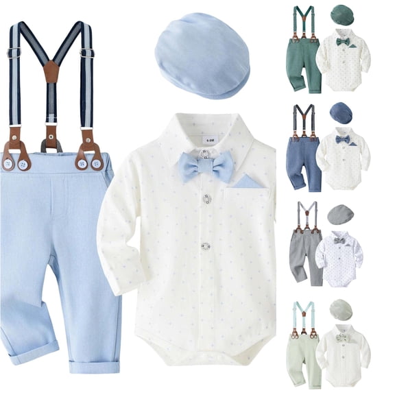 LIIPEE Baby Boys Gentleman Outfit Sets 4 Piece Formal Long Sleeve Button Up Romper Hats Pants And Suspenders Cute Birthday Party Outfits,12-18 Months