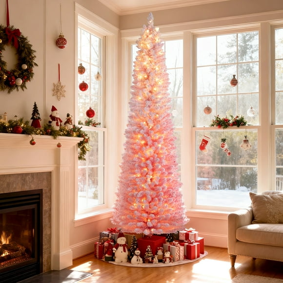 Gymax 7 FT Pre-Lit Christmas Tree Slim Pencil Xmas Tree w/ 527 Snow Flocked PVC Branch Tips