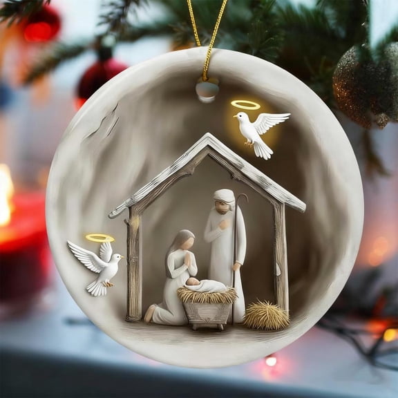 Feltree Nativity Scene 3-Inch Round Acrylic Hanging Ornament for Christmas Tree Door and Window Holiday Decor