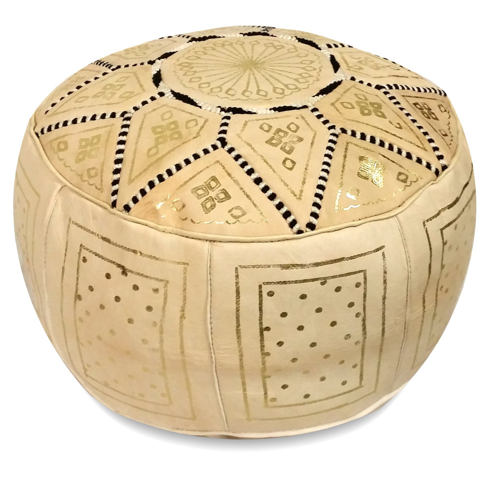 Fez Golden Moroccan Round Leather Pouf, Gold Leather Pouf
