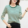 thumbnail image 2 of Women's Striped Long Sleeve T Shirts Round Neck Color Block Retro Art Blouse Green L, 2 of 4
