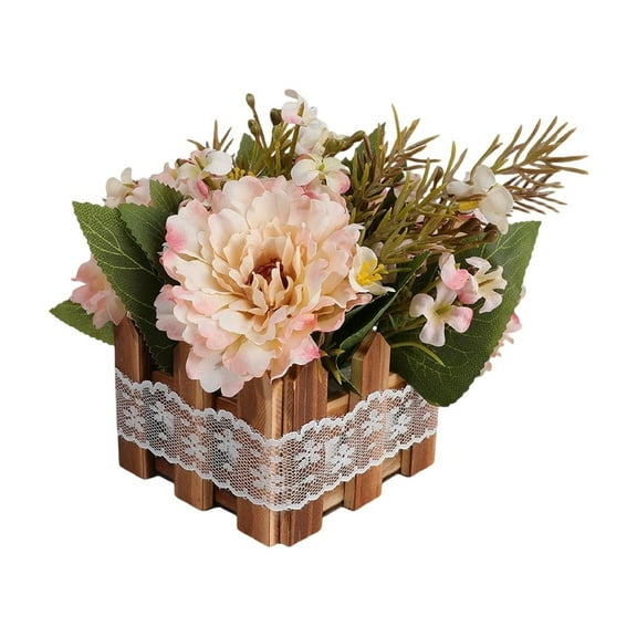 Flower Arrangement with Wooden Vase 8" Artificial Flowers in Pot - Fake Flowers Roses Peonies Hydrangeas in Wooden Vase Potted Artificial Flower Centerpieces for Table Decor Living Room