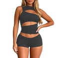 thumbnail image 3 of XINPING Women’s 2 Piece Outfits Sexy Sleeveless Cut Out Crop Top Bodycon Shorts Set Night Out Club Y2k Outfits Streetwear Solid Color Stretchy Slim Fitted Summer Matching Sets, 3 of 5
