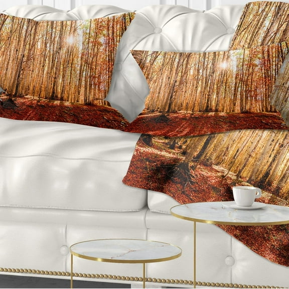 Designart Bright Sun over Thick Fall Forest - Modern Forest Throw Pillow - 12x20