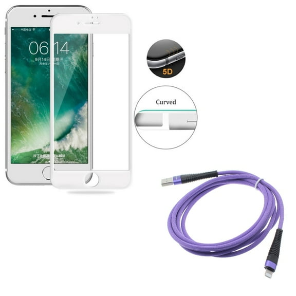 iPhone 8/7/6S/6 - Tempered Glass Screen Protector w Purple 6ft USB Cable - 5D Touch Curved Edge Full Cover Bubble Free Case Friendly, Charger Cord Power Wire Braided Long for iPhone 8/7/6S/6