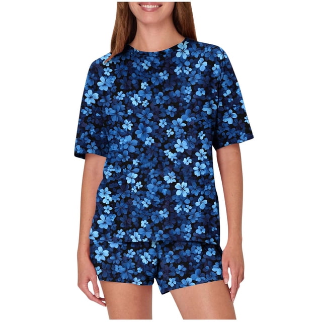 Trajes de Pantalones para Mujeres Casual Suelta Impresión Manga Corta, Cuello Redondo Pantalones Cortos Pijamas Poliéster