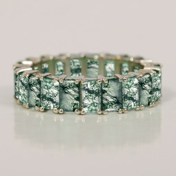Moss Agate Full Eternity Ring, Octagon Emerald Ring, 925 Sterling Silver Thick Eternity Band, Engagement Ring, Stackable Ring.