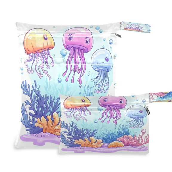 2 PCS Wet Dry Bags for Baby Cloth Diapers Reusable Waterproof Wet Bags for Stroller, Travel & Gym Colorful Cartoon Jellyfish