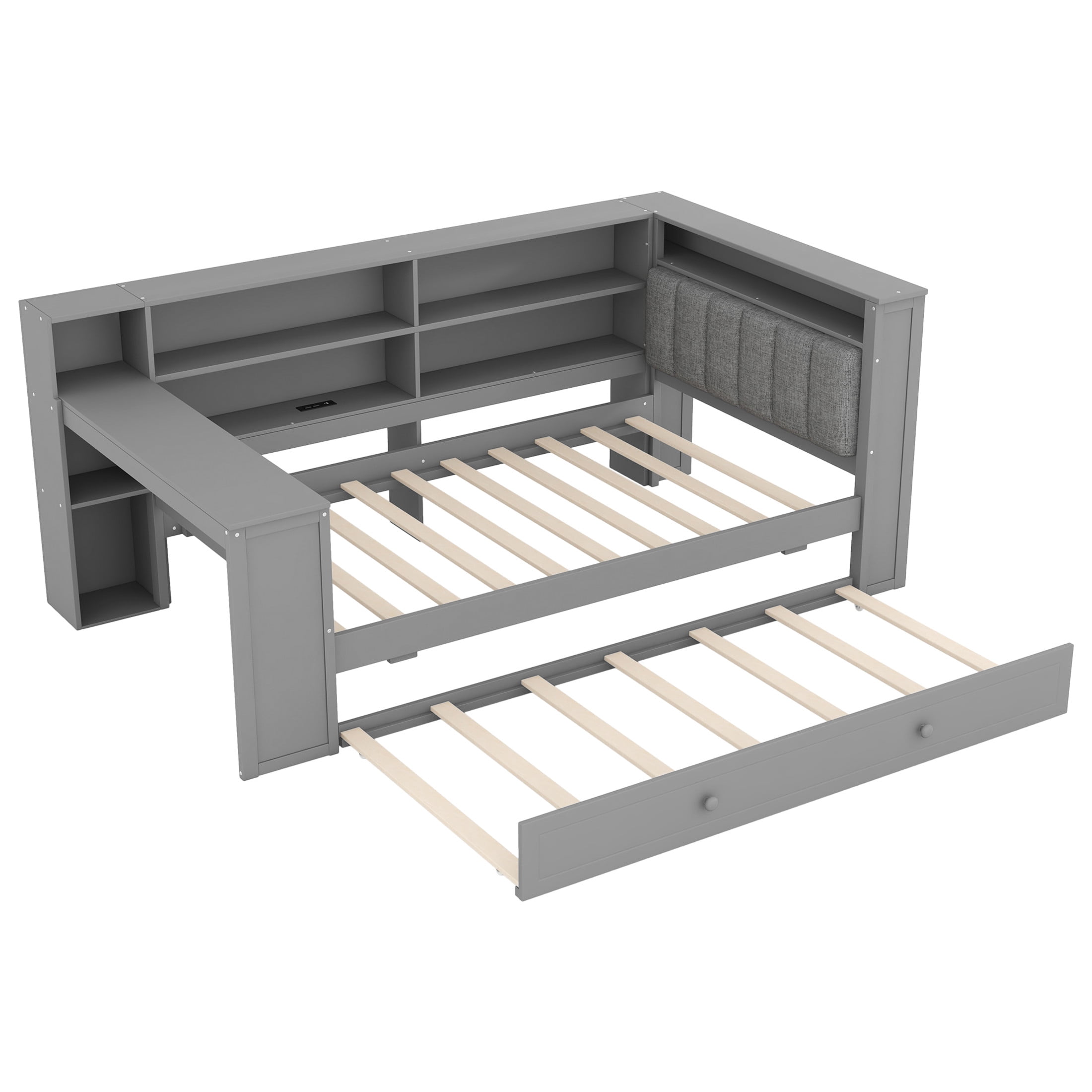 Noble House Twin Platform Bed with Upholstered Headboard, Extra Trundle, Storage Shelves and Charging Station, Grey