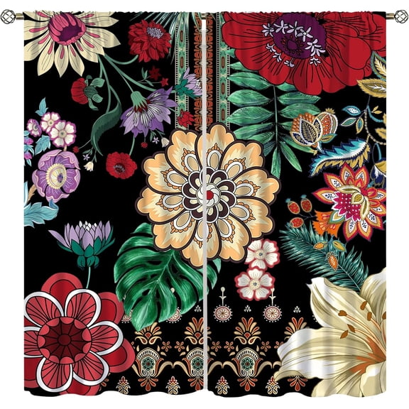 Boho Floral Blackout Curtains, Paisley Mandala Colorful Flowers Bohemian Decor for Bedroom Living Room Window Drapes 2 Panel Set,52x84 Inch