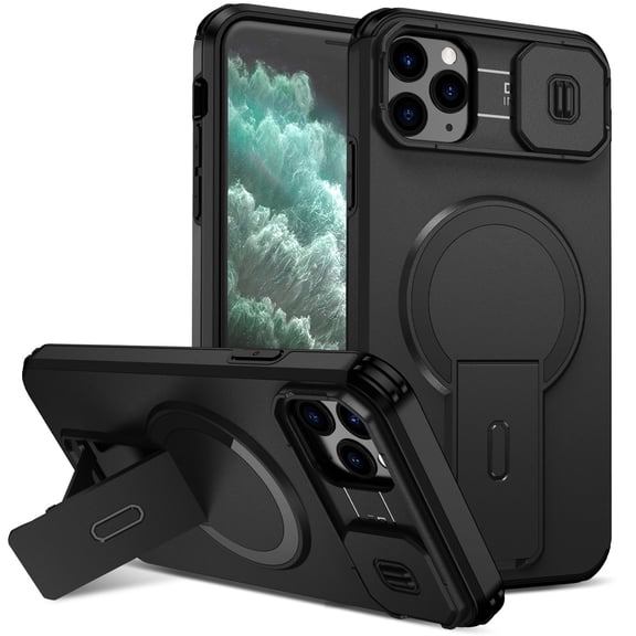 Asuwish Magnetic, Kickstand, Slide Camera Cover TPU, Plastic, Metal Hard Shell Fashion Cell Phone Case for iPhone 11 Pro Max, Black
