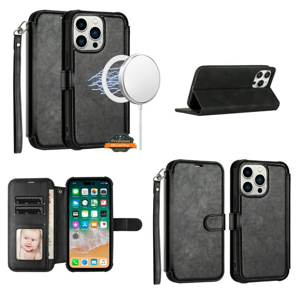 For Apple iPhone 14 Pro Max Magnetic Wallet with ID Credit Cards Slots & Strap, MagSafe Compatible PU Leather Cover ,Xpm Phone Case [ Black ]